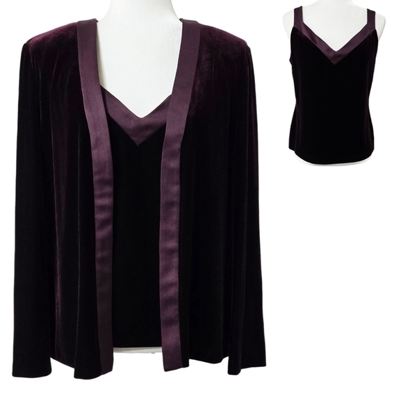 Alex Evenings Dark Burgundy Wine Velvet Jacket Tank Top Satin Trim Set of 2 - Picture 1 of 9